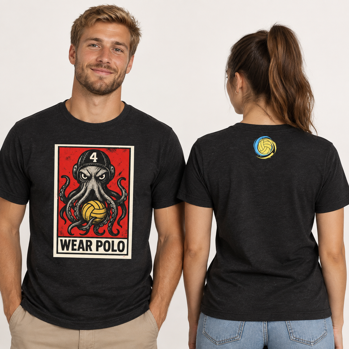 Camiseta Campeon del Agua negra - modelos delante y detras
