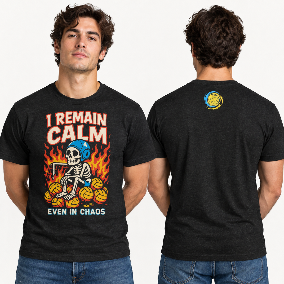 Camiseta I Remain Calm negra - con modelo, delante y detras